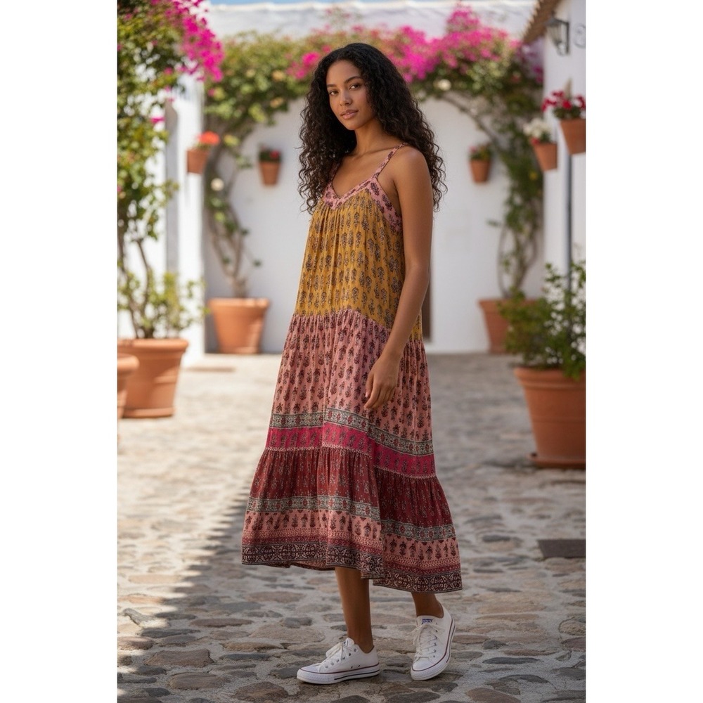 Knox Rose Woman's Desert Red Boho Tiered Midi Dress Size S